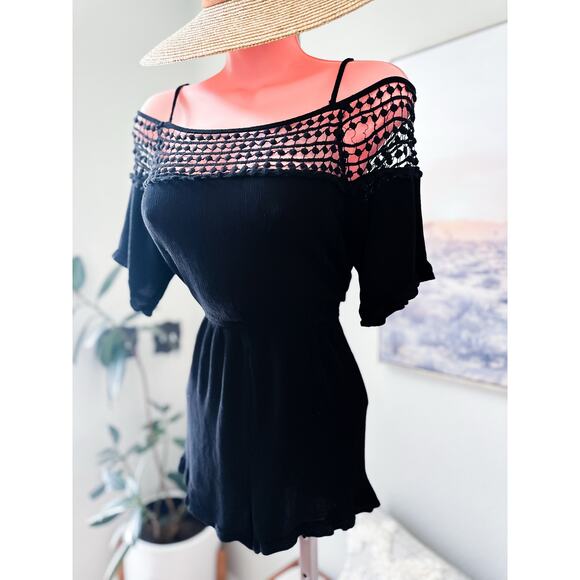 Cotton On Pants - Flirtatious Outing cold shoulder crocheted gauzy shorts romper L